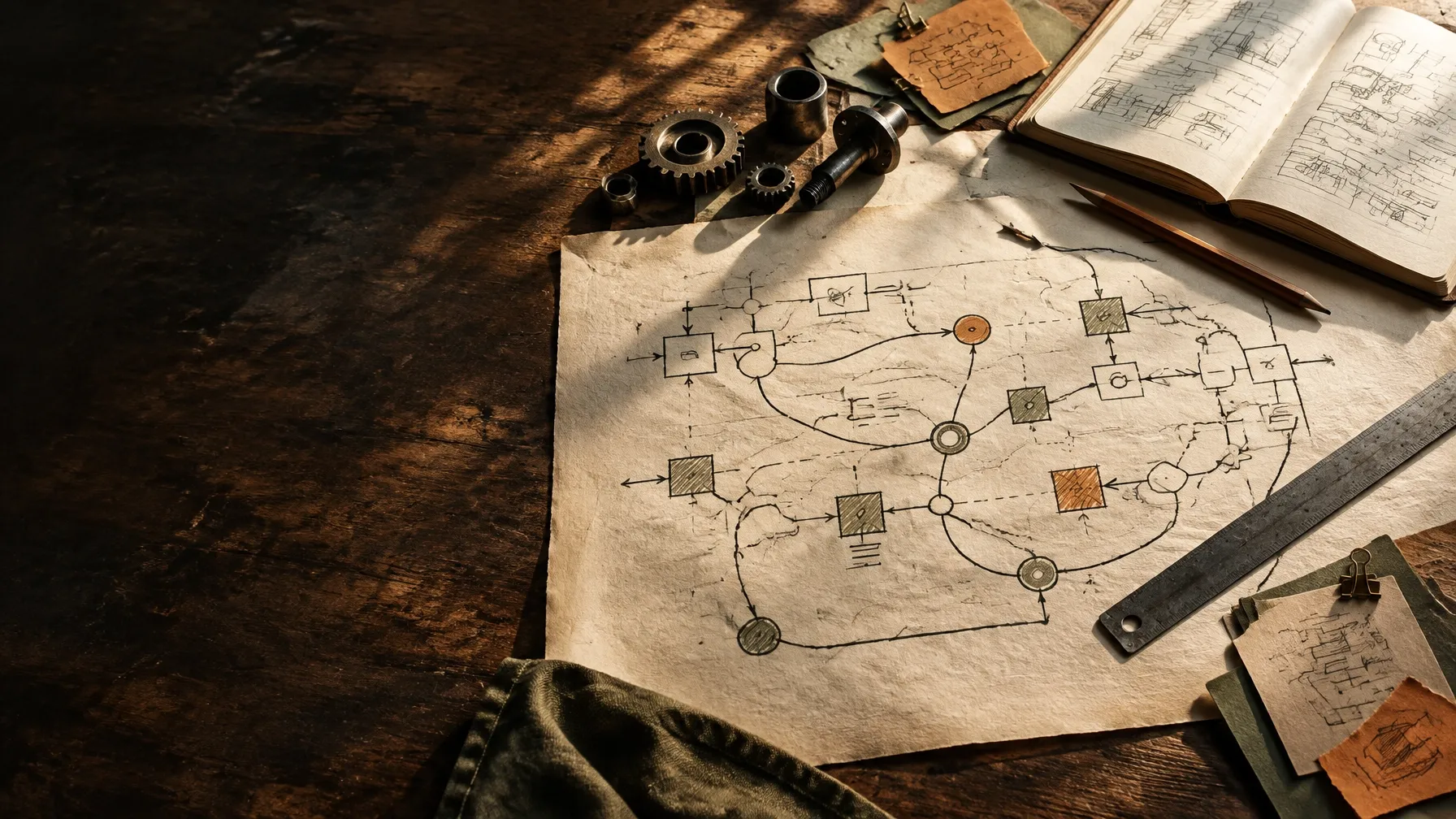 A workshop desk with a hand-drawn process map, notes and tools